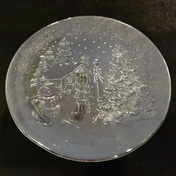 Christmas Holiday Embossed Clear Glass 12 1/2" Serving Platter Plate - Picture 1 of 5